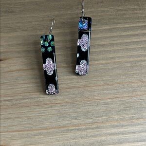 Handmade Black Dichroic Glass Drop Earrings with Pink Accents